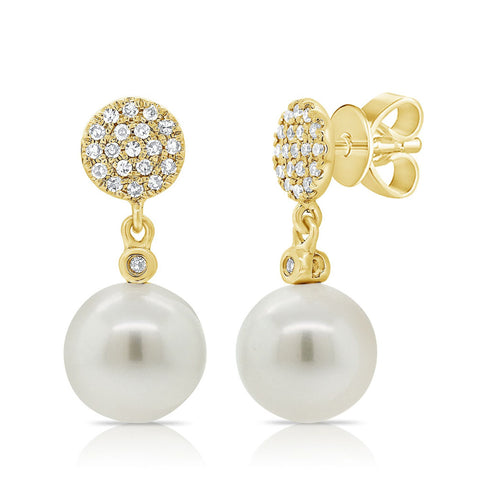 14k Gold Pearl & Diamond Dangle Stud Earrings - 0.10ct - 2