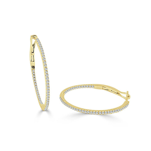 14k Gold & Diamond Skinny Hoop Earrings  0.75" - 0.25ct - 2