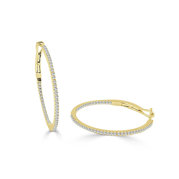 14k Gold & Diamond Skinny Hoop Earrings  0.75" - 0.25ct - 2