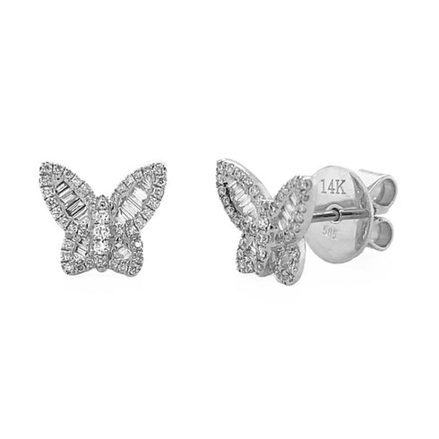 14k Gold & Baguette Diamond Butterfly Stud Earrings - 0.43ct - 1