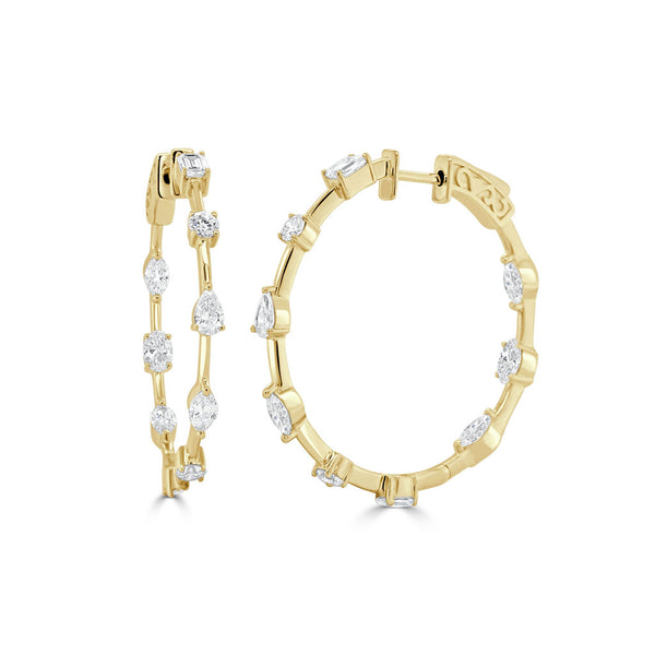 14K Gold Multi Shape Diamond Hoop Earrings - 2.24ct - 2