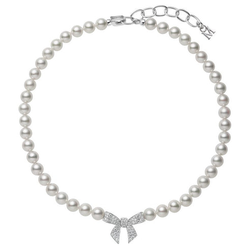 Akoya Cultured Pearl and Diamond Bow Charm Necklace in 18K White Gold - 1