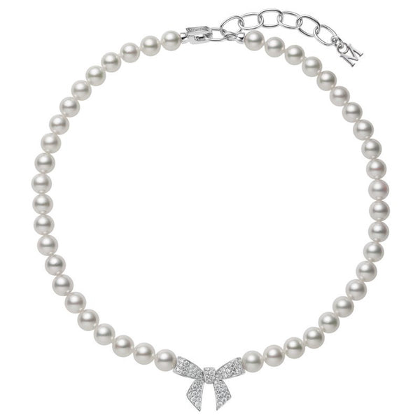 Akoya Cultured Pearl and Diamond Bow Charm Necklace in 18K White Gold - 1