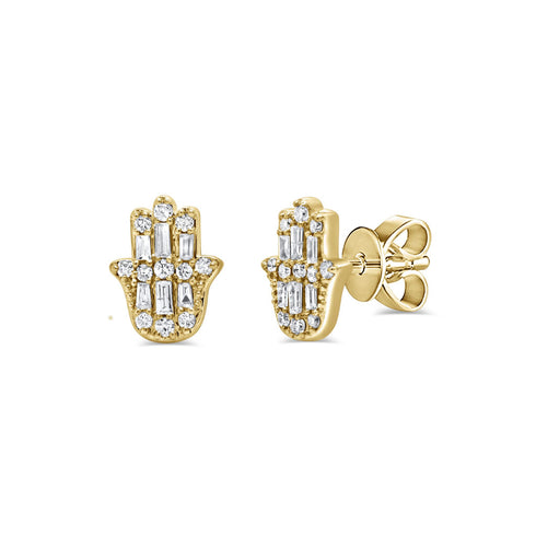 14K Gold & Diamond Hamsa Stud Earrings - 0.15ct - 1