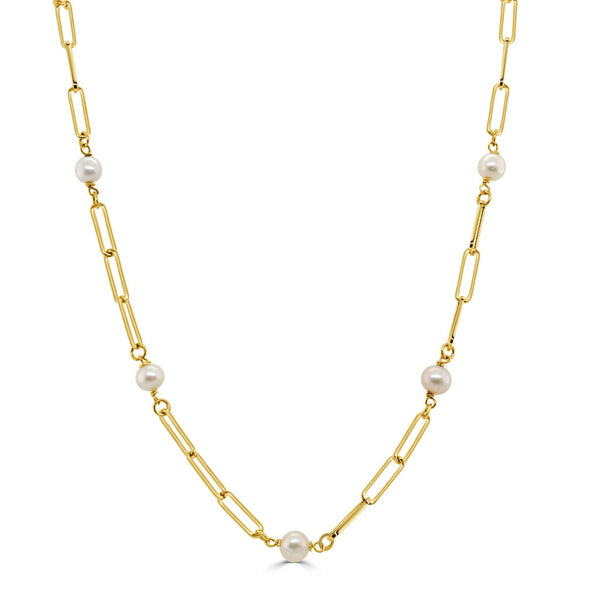 14K Gold & Pearl Station Paperclip Link Necklace - 1