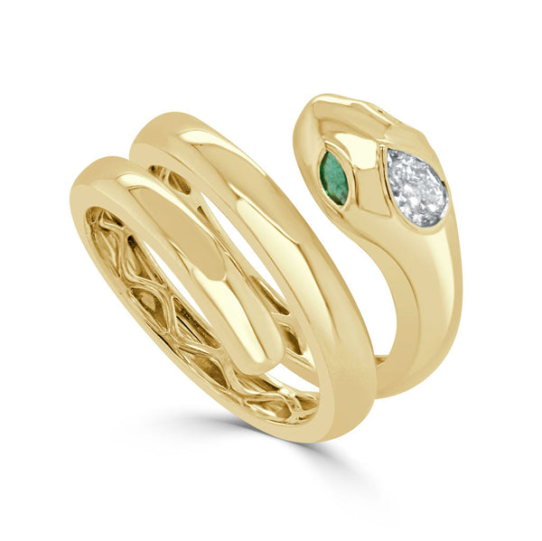 14k Gold Diamond & Emerald Snake Wrap Ring - 0.24ct - 1