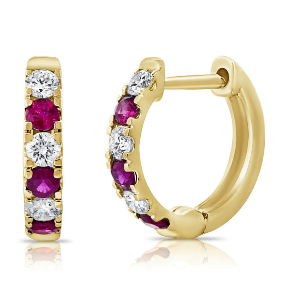 14K Gold Diamond & Ruby Alternating Huggie Earrings - 1