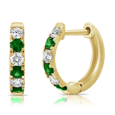 14K Gold Emerald & Diamond Alternating Huggie Earring - 1