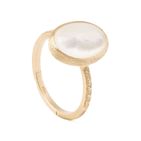 18K Yellow Gold Oval Mother of Pearl Ring with Diamonds - 1