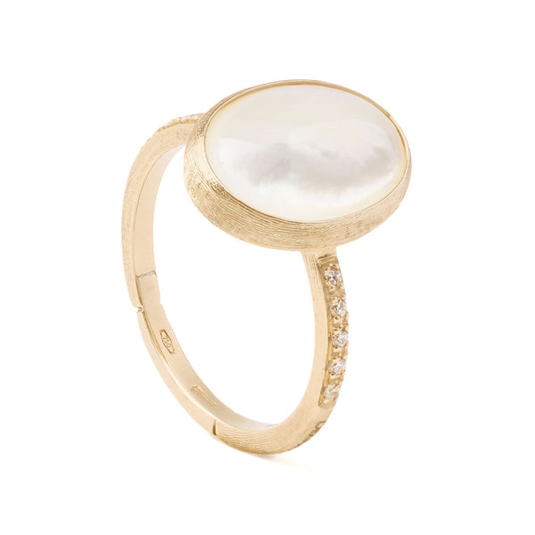 18K Yellow Gold Oval Mother of Pearl Ring with Diamonds - 1