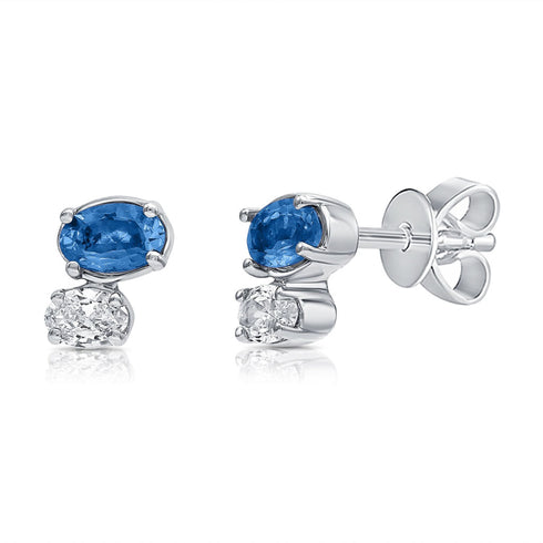 14K Gold Sapphire & Diamond Tiny Stud Earrings - 1