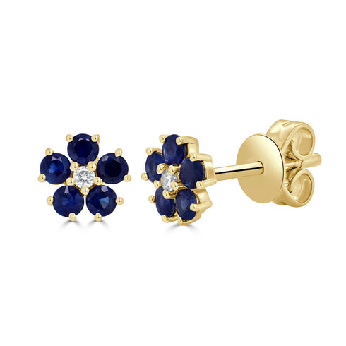 14K Gold Sapphire & Diamond Flower Stud Earrings - 1