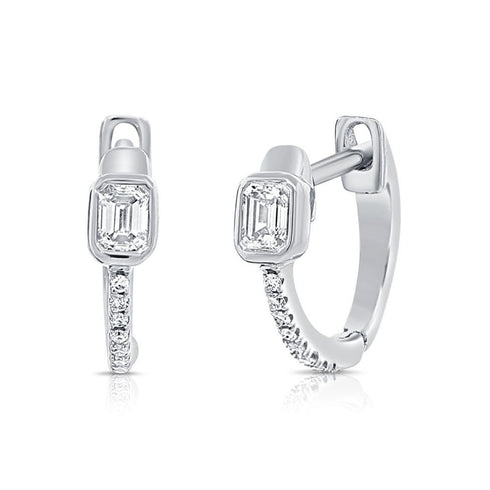 Emerald And Round Shape Diamond Huggie Earrings - 1