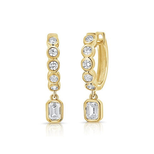 Emerald Shape And Round Diamond Bezel Set Huggie Earrings - 1