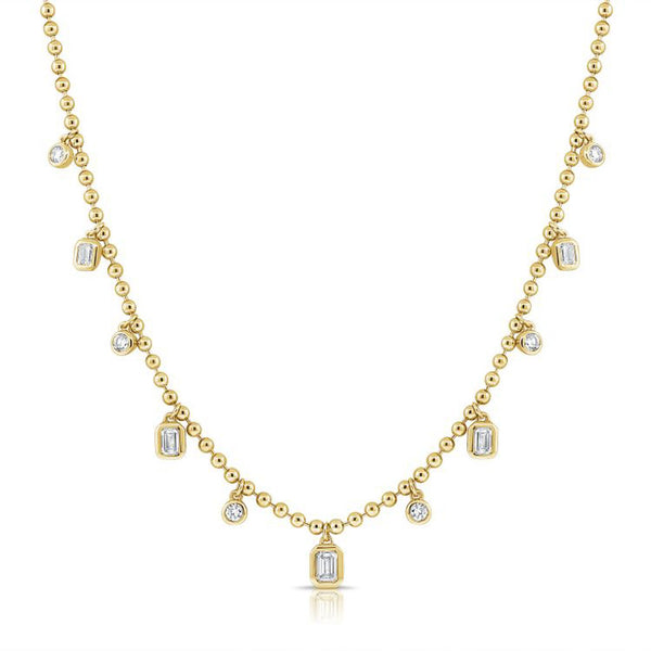 Emerald Shape And Round Diamond Bezel Set Station Ball Necklace - 1