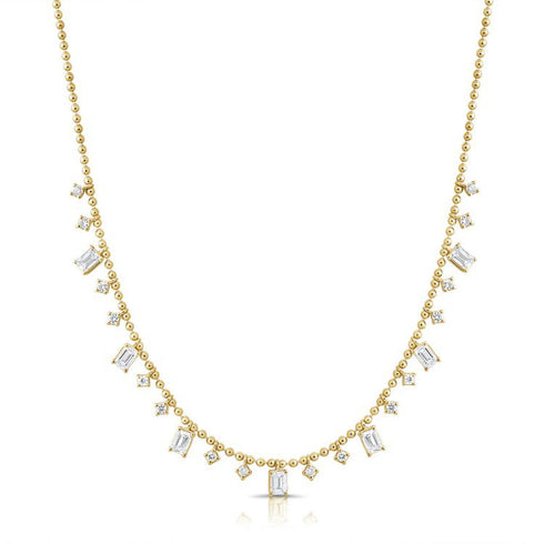 Emerald Shape And Round Diamond Station Ball Necklace - 1