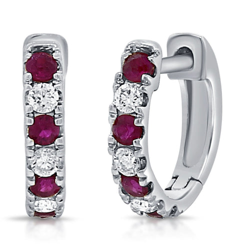14K Gold Alternating Gemstone & Diamond Huggie Earrings - 1