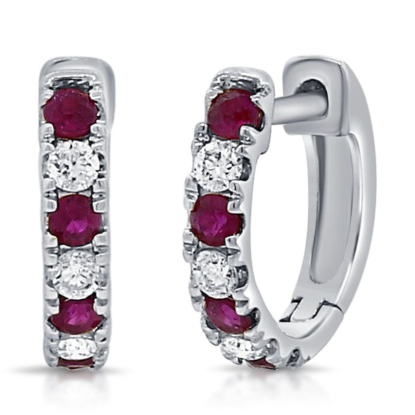 14K Gold Alternating Gemstone & Diamond Huggie Earrings - 1