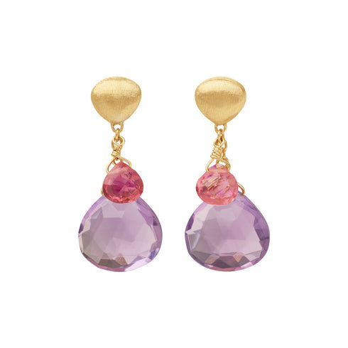 18K Yellow Gold Amethyst and Pink Tourmaline Earrings, 1" - 1