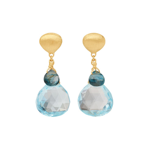 18K Yellow Gold Blue Topaz Earrings, 1" - 1