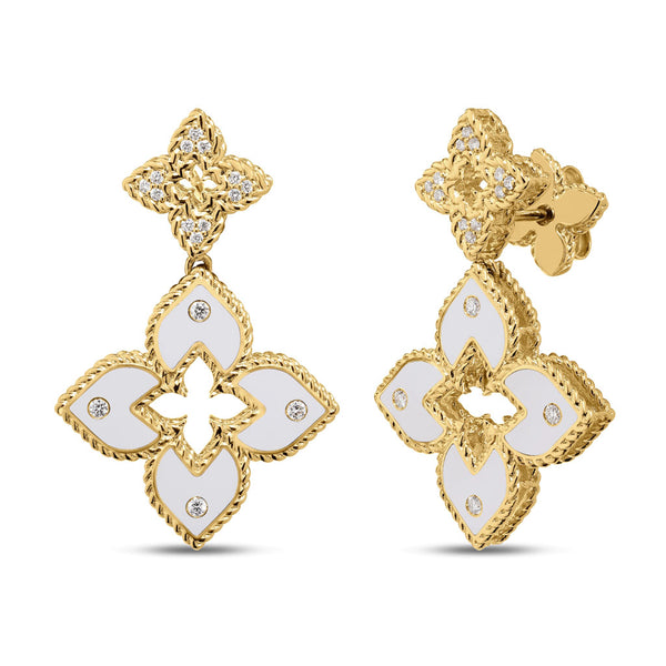 Venetian Princess Pavé Diamond And Enamel Double Flower Drop Earrings - 1