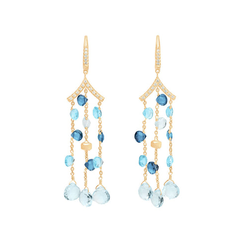 18K Yellow Gold Blue Topaz Chandelier Earrings with Diamonds, 2.5" - 1