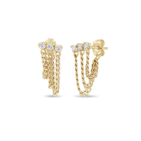 14k Prong Diamond & Curb Chain Huggie Waterfall Earrings - 1