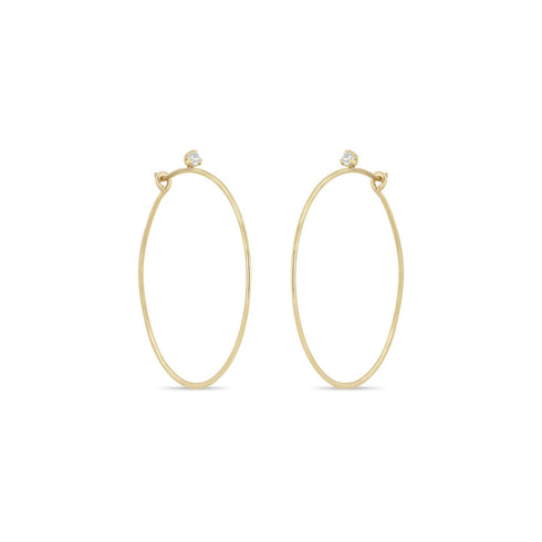 14k Prong Diamond Medium Thin Hammered Hoops - 1