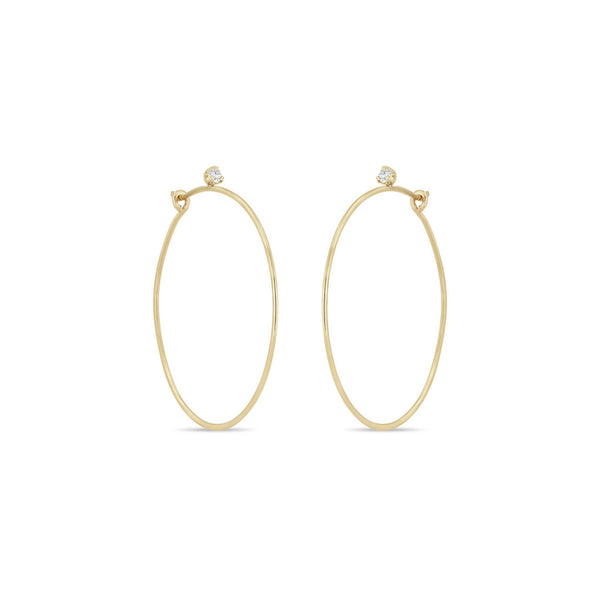 14k Prong Diamond Medium Thin Hammered Hoops - 1