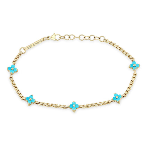 14k Prong Turquoise Quad Station Box Chain Bracelet - 1