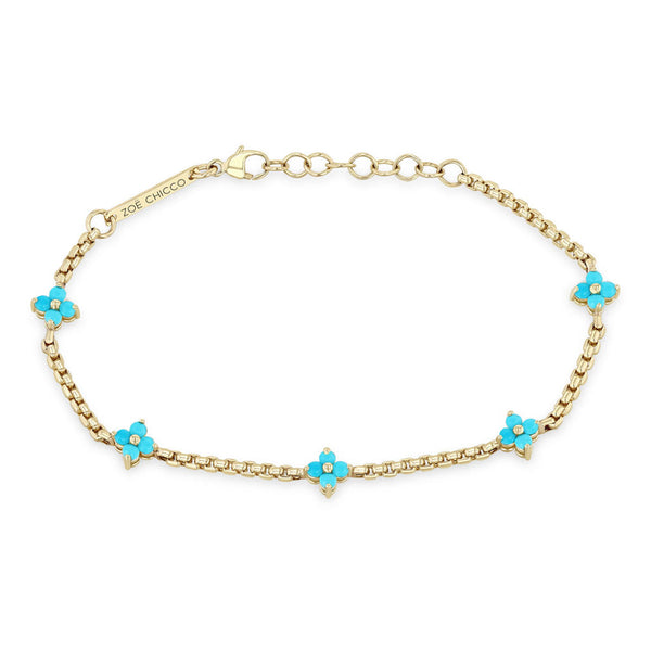 14k Prong Turquoise Quad Station Box Chain Bracelet - 1