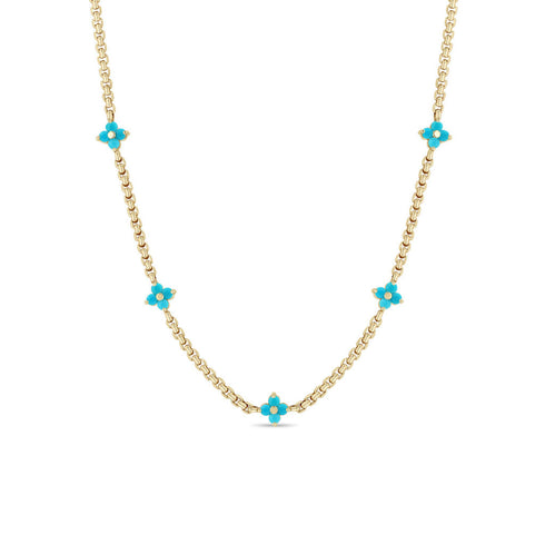 14k Prong Turquoise Quad Station Box Chain Necklace - 1