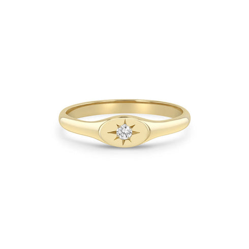 14k Star Set Diamond Oval Signet Ring - 1