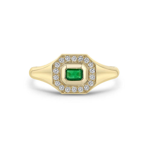 14k Emerald Cut Emerald Diamond Halo Signet Ring - 1