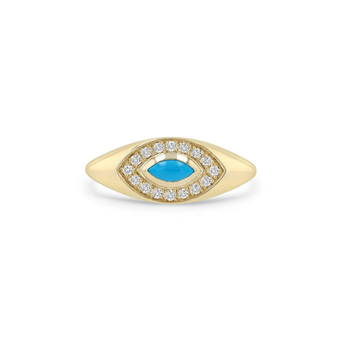 14k Marquise Turquoise & Diamond Halo Signet Ring - 1
