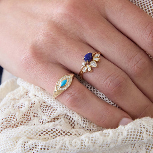 14k Marquise Turquoise & Diamond Halo Signet Ring - 2