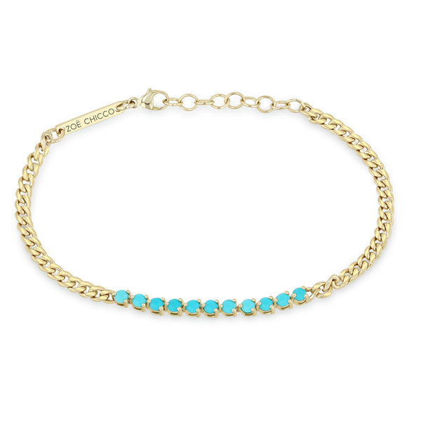 14k Turquoise Tennis Segment Small Curb Chain Bracelet - 1