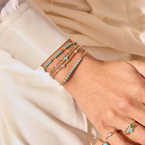 14k Turquoise Tennis Segment Small Curb Chain Bracelet - 2