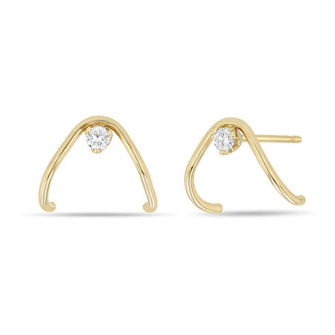 14k Gold Wire Wave & Prong Diamond Earrings - 1