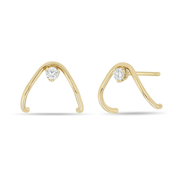 14k Gold Wire Wave & Prong Diamond Earrings - 1