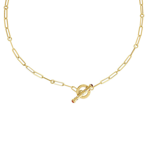 Designer Gold Scattered Diamond And Pink Tourmaline Toggle Closure Paperclip Chain Necklace - 1