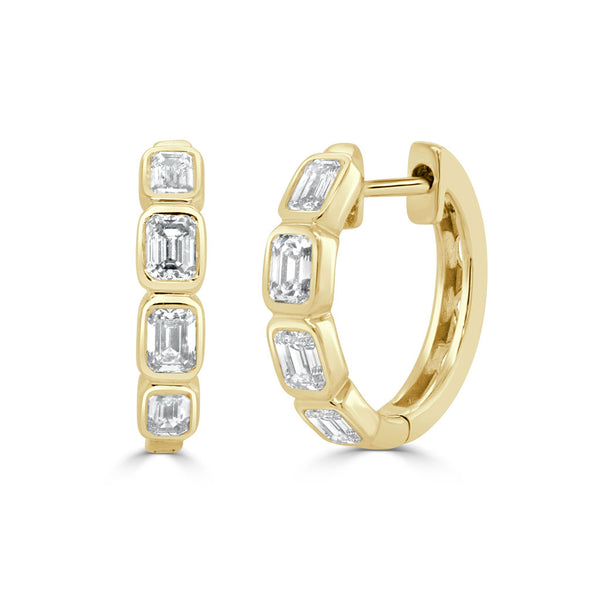 14K Gold & Emerald-Cut Diamond Bezel Set Huggie Earrings - 0.88ct - 1