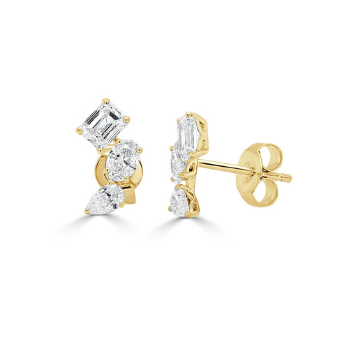 14K Gold Multi Shape Diamond Stud Earrings - 1.42 CT - 1