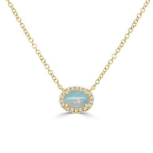 14K Gold Oval Opal & Diamond Necklace - 1