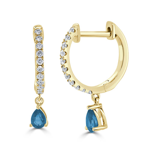 14K Gold Blue Topaz & Diamond Dangle Huggie Earrings - 1