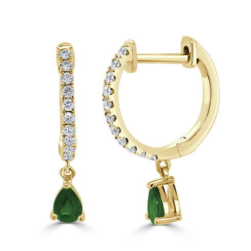 14K Gold Emerald & Diamond Dangle Huggie Earrings - 1