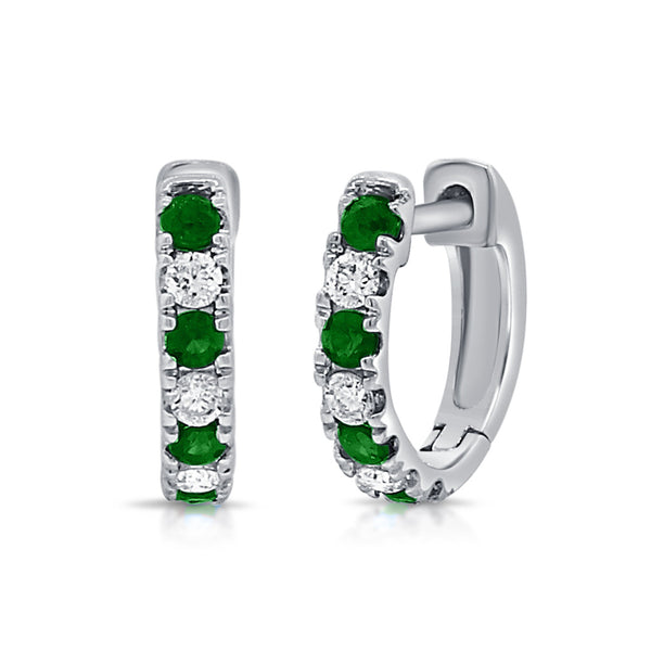 14K Gold Alternating Emerald & Diamond Huggie Earrings - 1