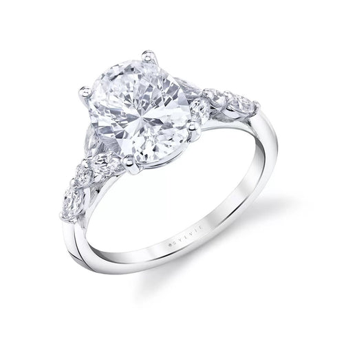 Oval Diamond Engagement Ring with Half Moon and Marquise Side Stones - 1