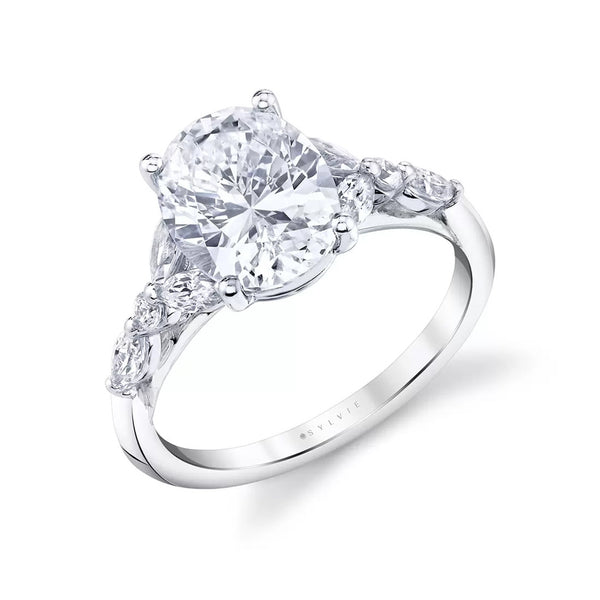 Oval Diamond Engagement Ring with Half Moon and Marquise Side Stones - 1