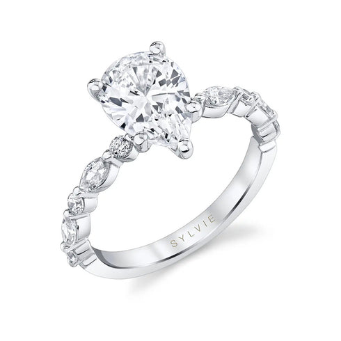 Pear Shaped Diamond Engagement Ring with Marquise Accent Band - 1